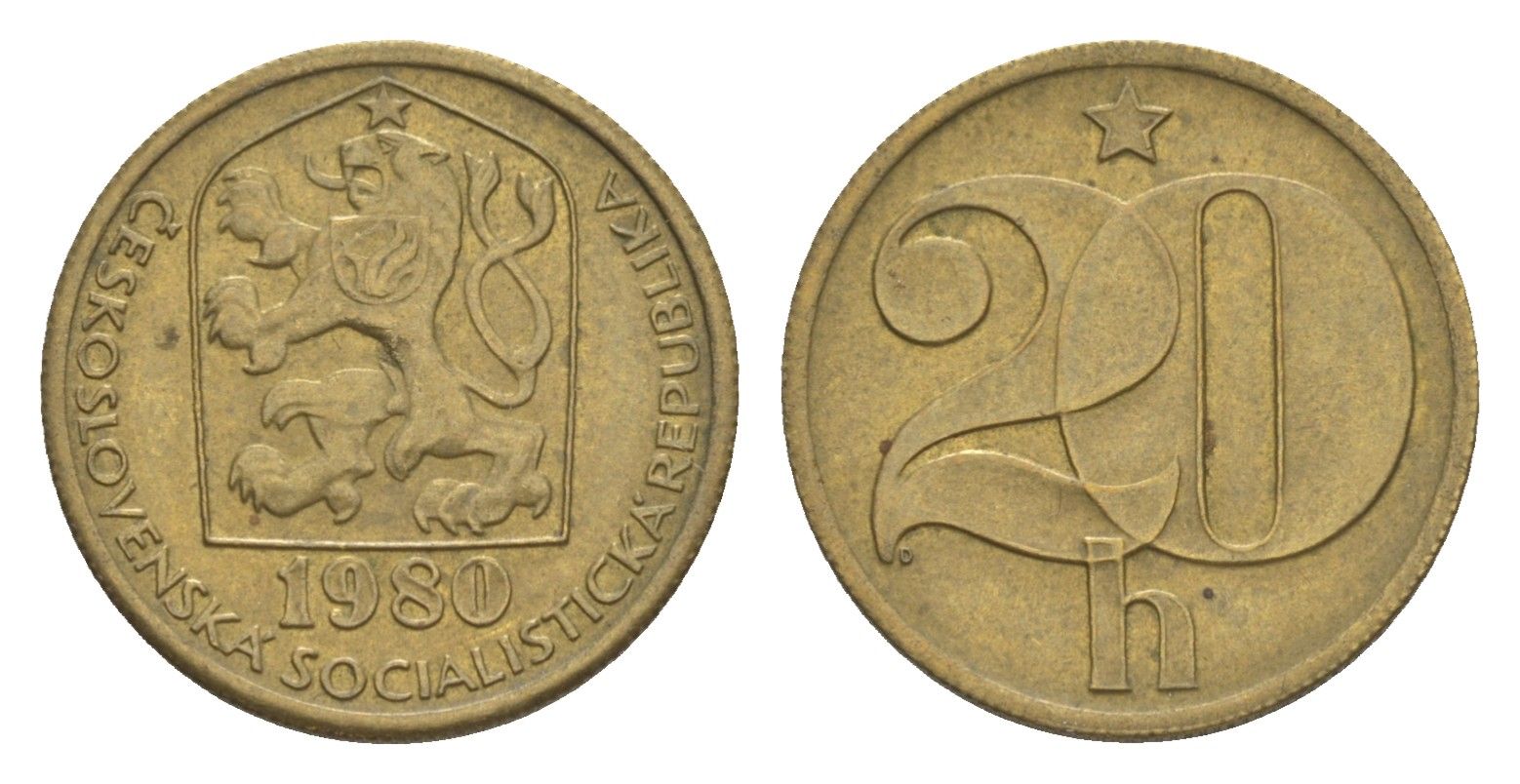Чехословакия 20 геллеров 1980 KM 74 латунь 4516-134