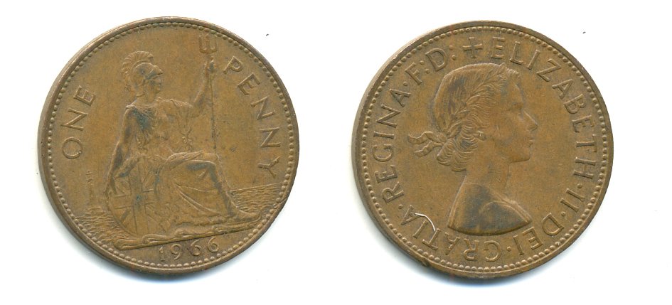 Великобритания 1 пенни 1966 Елизавета II (1952-2022) KM 897, Spink 4157 бронза 59-944
