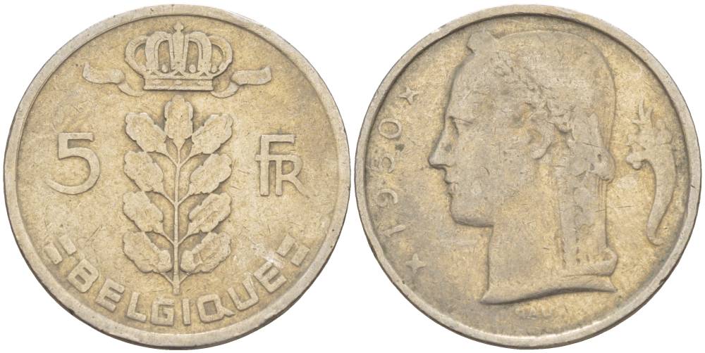 БЕЛЬГИЯ 5 ФРАНКОВ 1950 BELGIQUE, БОДУЭН I (1951-1993) KM 134.1 медно-никель 4546-317