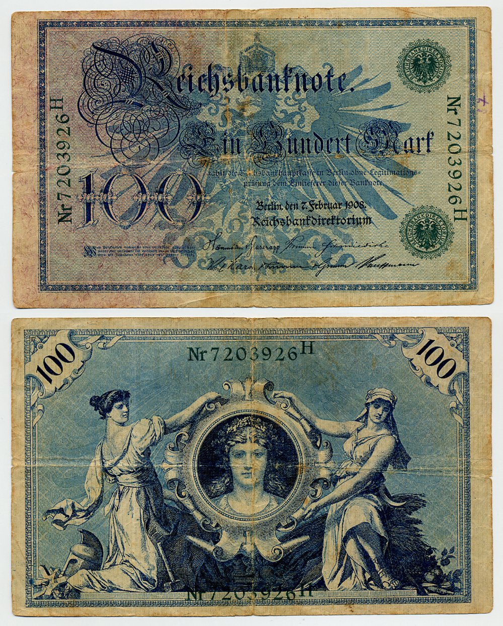 ГЕРМАНИЯ 100 МАРОК 1908 7 ФЕВРАЛЯ 1908, ЗЕЛЕНАЯ ПЕЧАТЬ, РЕПРИНТ (1918-1922) Pick 34 бумага 6317-9-2