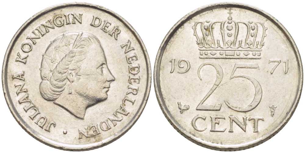 НИДЕРЛАНДЫ 25 ЦЕНТОВ 1971 ЮЛИАНА (1948-1980) KM 183 никель 214-957
