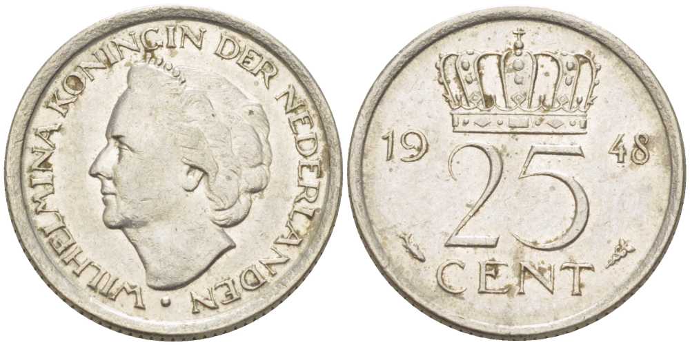 НИДЕРЛАНДЫ 25 ЦЕНТОВ 1948 ВИЛЬГЕЛЬМИНА (1890-1948) KM 177 никель 214-866