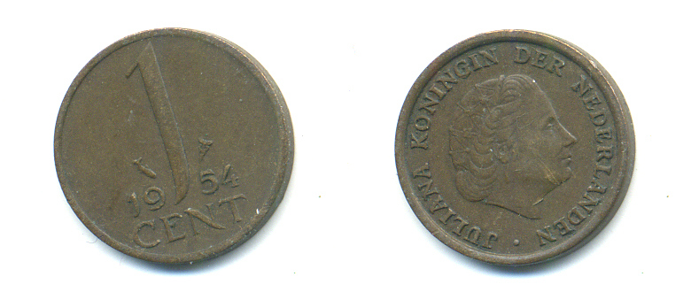 Нидерланды 1 цент 1954 Юлиана (1949-1980) KM 180 бронза 83-922