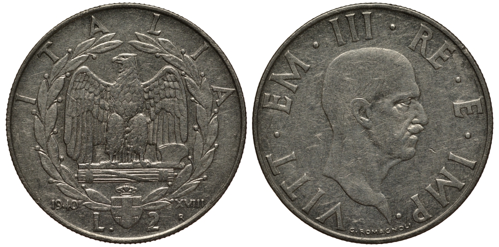 ИТАЛИЯ 2 ЛИРЫ 1940 ВИКТОР ИМАНУИЛ III, НЕ МАГНИТНАЯ KM 78a нержавеющая сталь 38-224