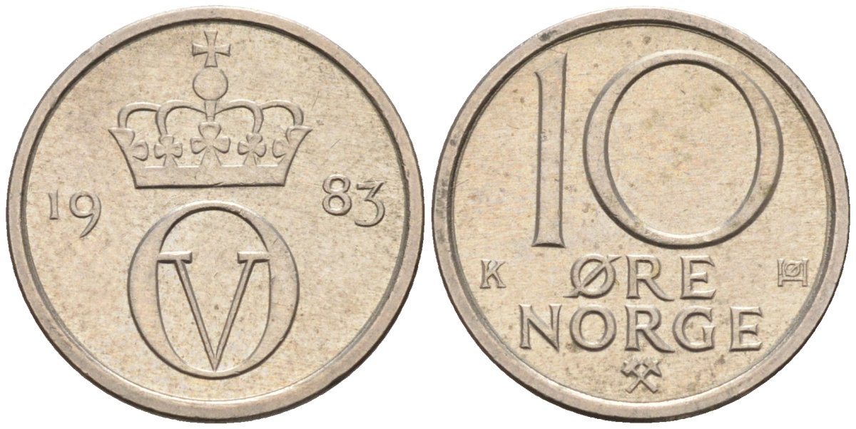 Норвегия 10 эре 1983 Улаф V (1958-1991) KM 416 медно-никель 4580-1017