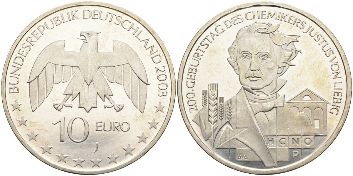 ФРГ 10 евро 2003 J, 200 лет со дня рождения Юстуса фон Либиха KM 222, DE.S. 10.7 серебро PROOF 02-116-25