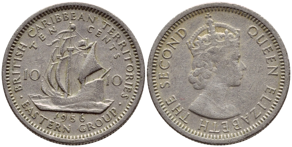 Британские Восточно-Карибские территории 10 центов 1956 Елизавета II (1952-2022), парусник KM 5 медно-никель 4387-548