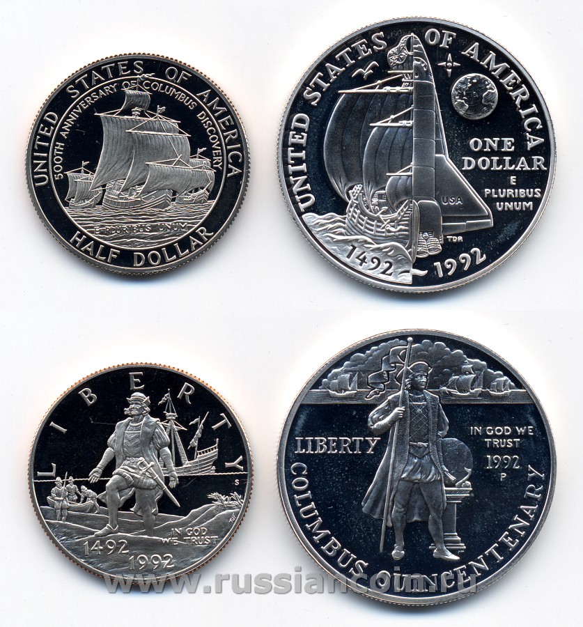 США набор из 2 монет 1992 500 лет открытия Америки, в фирменной коробке с сертификатом KM 237, 238 серебро, медь плакированная медно-никелем PROOF 5-4-1-41