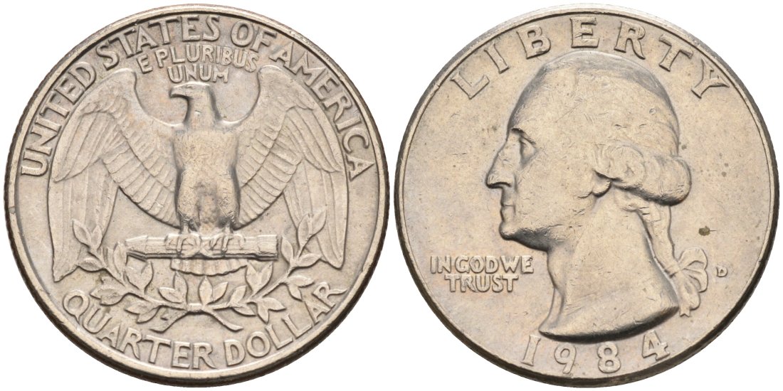 США 25 центов (квотер) 1984 D, Вашингтон KM A164a медь плакированная медно-никелем 92-1231