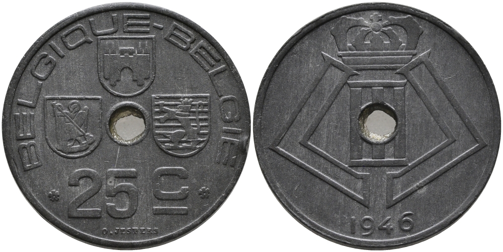 БЕЛЬГИЯ 25 САНТИМОВ 1946 BELGIQUE-BELGIE, ГЕРМАНСКАЯ ОККУПАЦИЯ, ВТОРАЯ МИРОВАЯ ВОЙНА KM 131 цинк 94-435