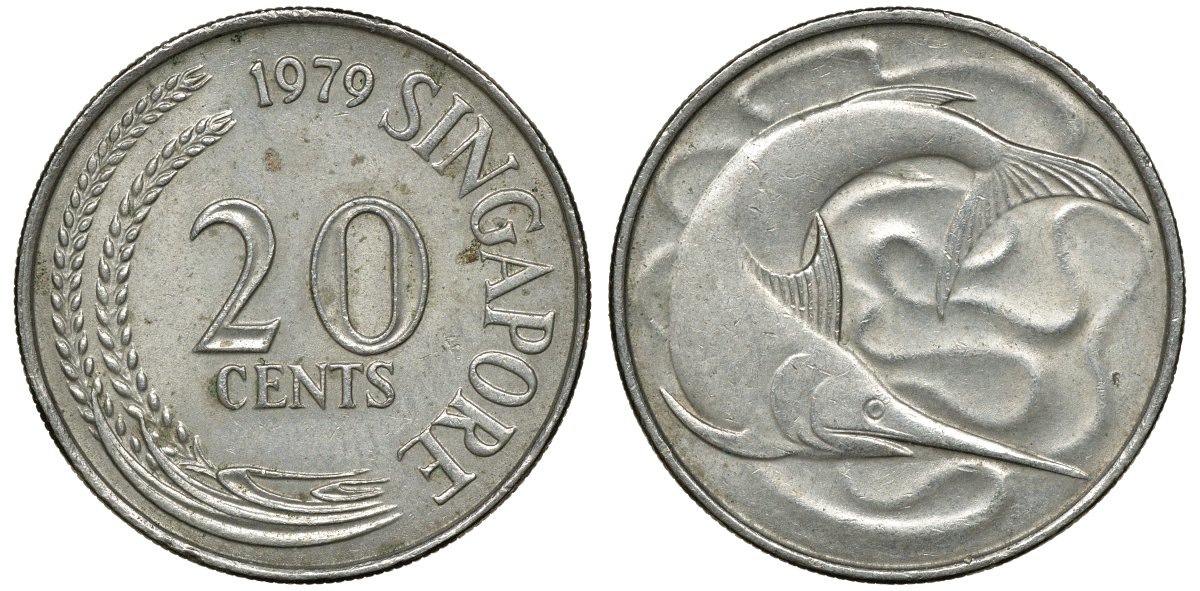 СИНГАПУР 20 ЦЕНТОВ 1979 ГОЛУБОЙ МАРЛИН, ТУНЕЦ KM 4 медно-никель 72-444