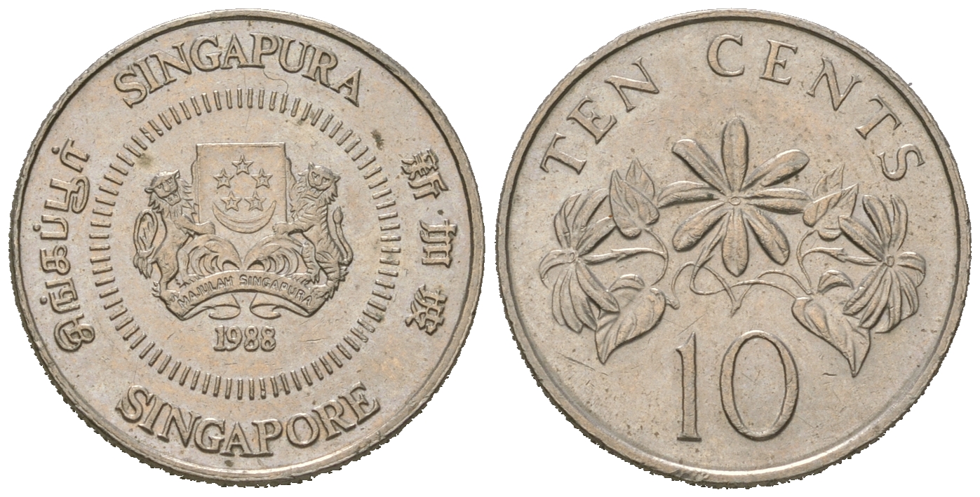 Сингапур 10 центов 1988 KM 51 медно-никель 4623-332