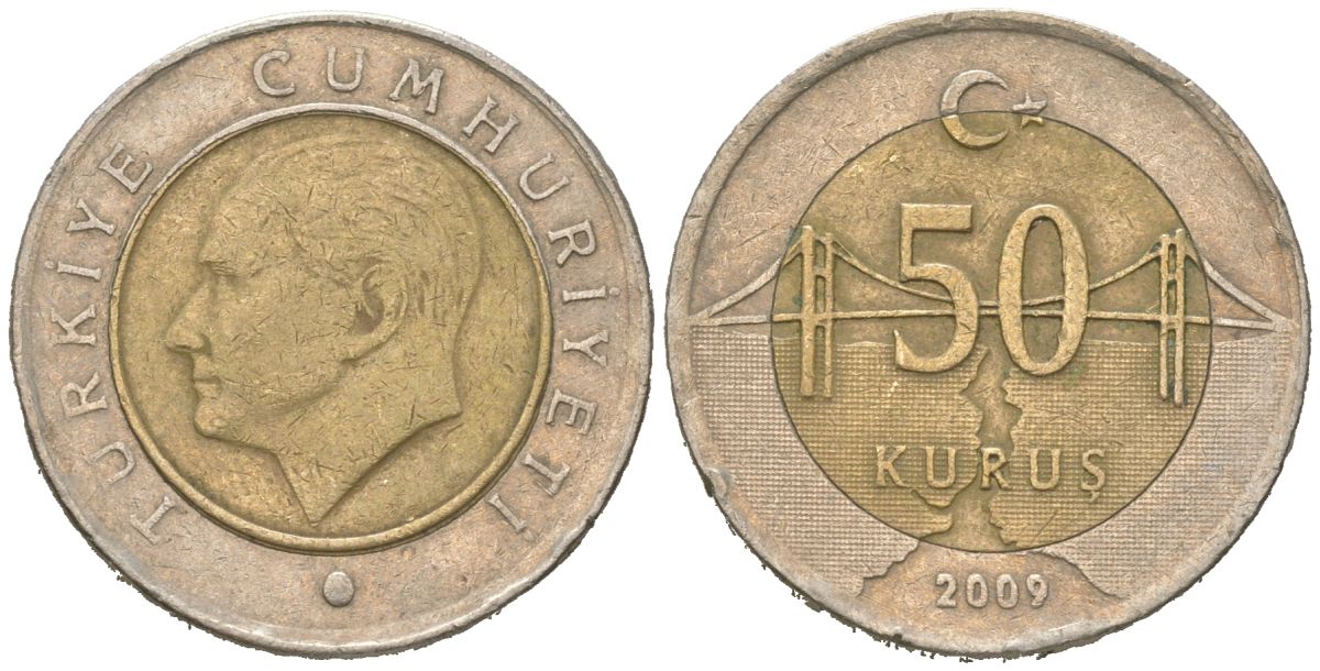 Турция 50 курушей 2009 KM 1243 биметалл 4616-922
