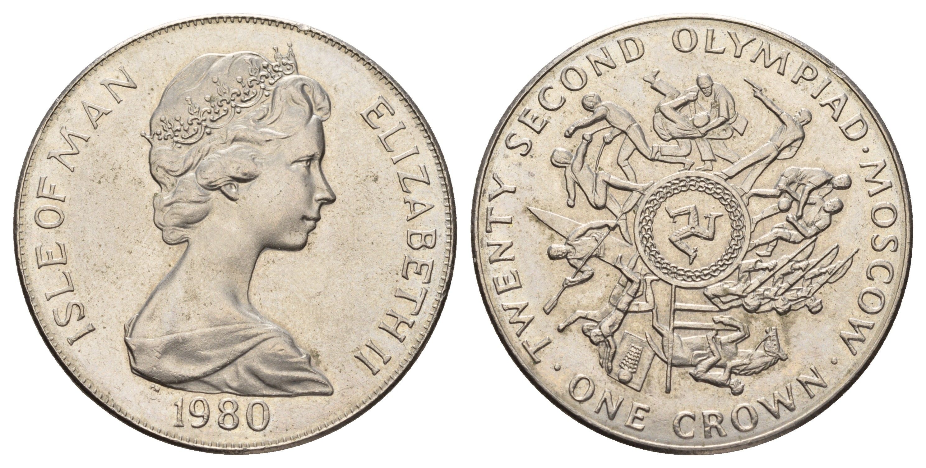 Остров Мэн 1 крона 1980 XXII летние Олимпийские Игры, Москва 1980, борцы вверху монеты KM 67 медно-никель BU 4125-932