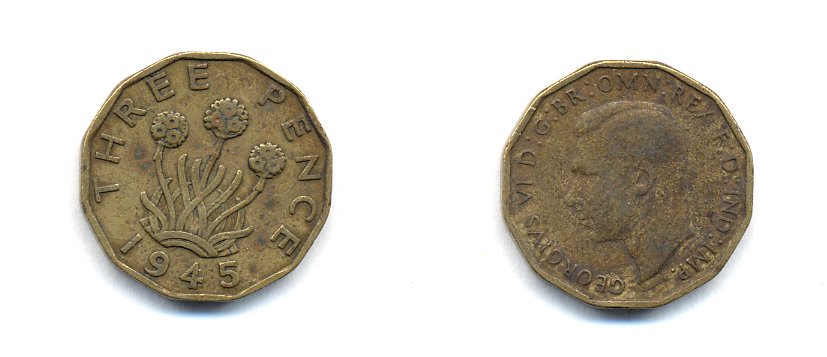 Великобритания 3 пенса 1945 Георг VI (1936-1952) KM 849, Spink 4112 никель латунь 4379-652