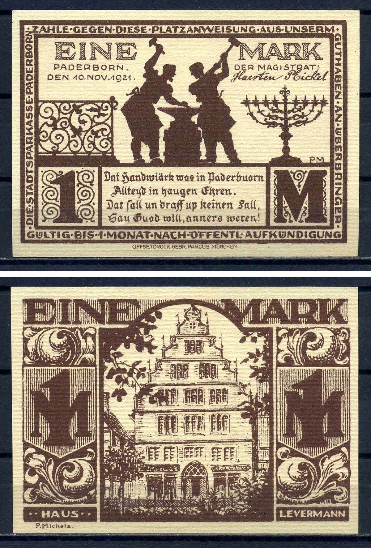 Падерборн (Вестфалия) 1 марка 1921 дом Леверманн DeNG 1/2 1043.7-4/5 картон UNC (пресс) 7556-2-4-2