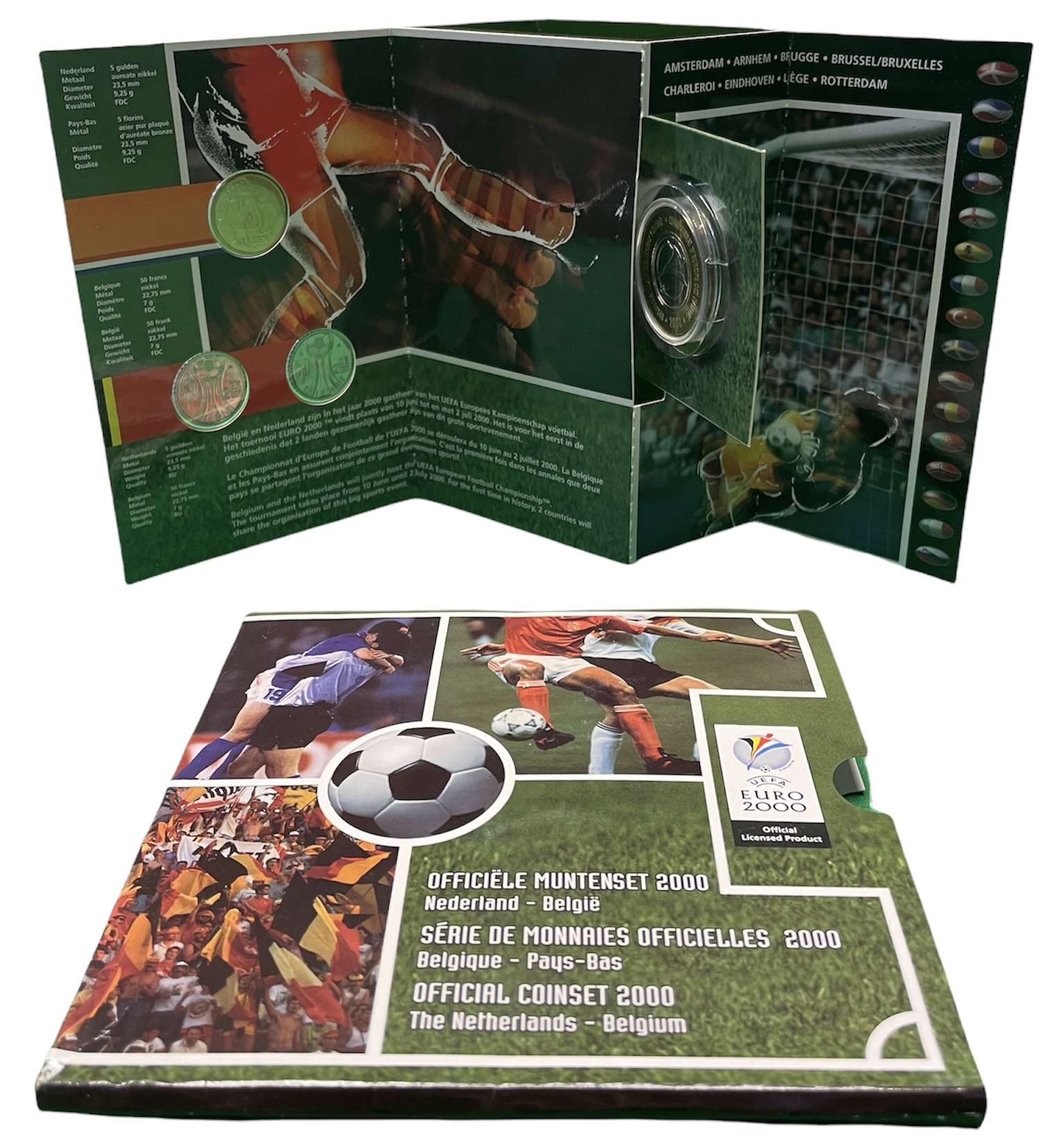 Бельгия набор из 3 монет + жетон 2000 Belgie-Belgique + 5 гульденов Нидерланды 2000 год, чемпионат мира по футболу, FIFA, в оригинальном картонном буклете KM MS 12 BUNC 6-5-3-17