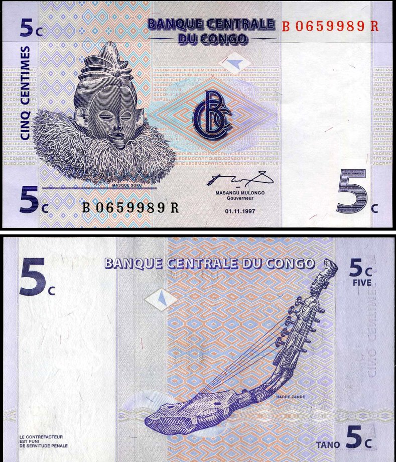 ДР Конго 5 сантимов 1997 маска суку, музыкальный инструмент занде Pick 81 a бумага UNC (пресс) 7183-14-4-1