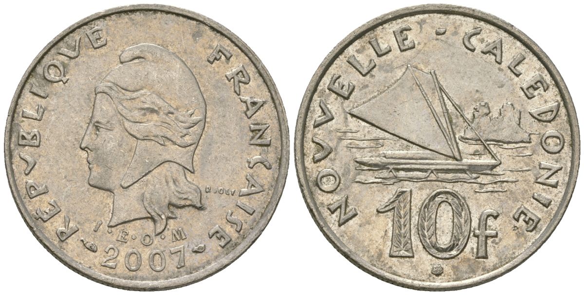 Французская Новая Каледония 10 франков 2007 рыбачья парусная лодка, (IEOM) KM 11a, Schoen 13a, Lec 99k медно-никель 56-414