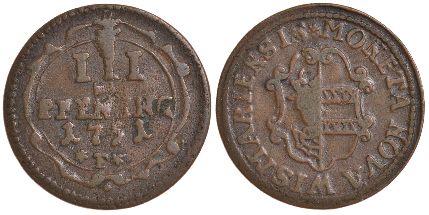 Висмар, Шведское правление (Шведская Померания) 3 пфеннига 1751 F, Адольф Фридрих (1751-1771) KM 1a медь 1527-543