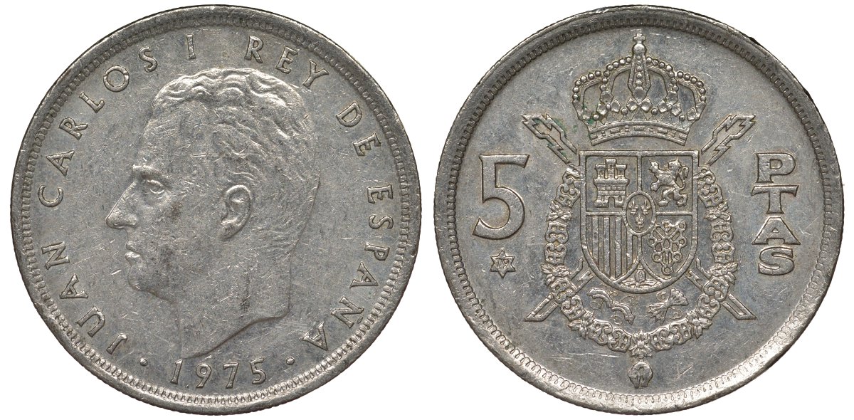 Испания 5 песет 1975 (79) Хуан Карлос I (1975-2014) KM 807 медно-никель 4128-1157