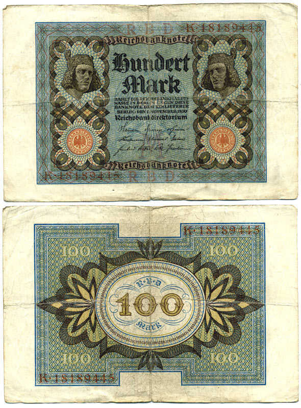 Германия 100 марок 1920 Бамбергский всадник, 7 цифр в номере Pick 69 a, Розенберг 67а  бумага 7457-37-2