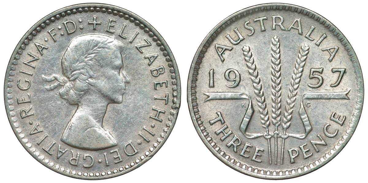Австралия 3 пенса 1957 m, Елизавета II (1952-2022) KM 57 серебро 71-544
