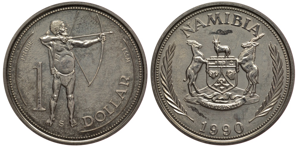 Намибия 1 доллар 1990 абориген, PROBA, ESSAI, тираж 1000 экземпляров KM E3 медно-никель UNC 5010-643