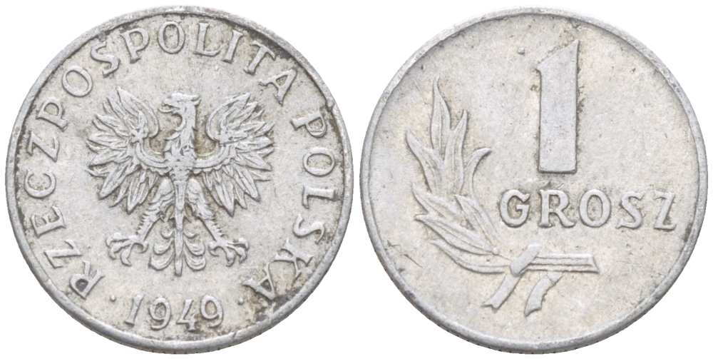 ПОЛЬША 1 ГРОШ 1949 KM 39, Parchimowicz 201 алюминий 29-1149