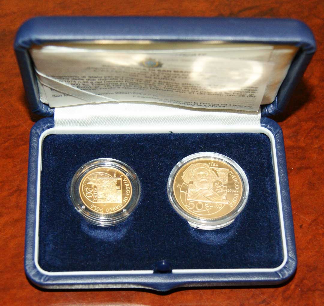 Сан-Марино 20 евро + 50 евро (набор из 2 монет) 2004 Марко Поло, в оригинальной коробке с сертификатом KM 465, 466 золото PROOF 00-000-00