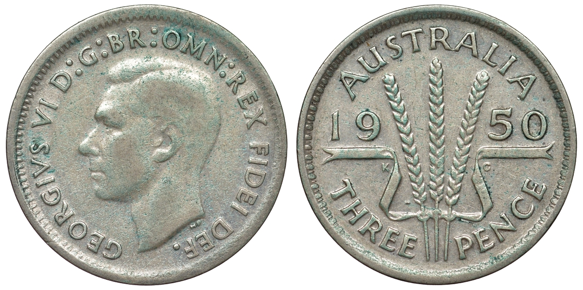 Австралия 3 пенса 1950 m, Георг VI (1937-1952), без букв KM 44 серебро 71-239