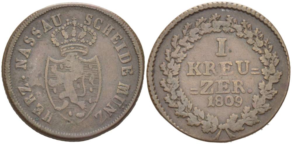 Нассау 1 крейцер 1809 Фридрих Август и Фридрих Вильгельм (1803-1816) KM 3, AKS 18, Jg.7 медь 4548-917