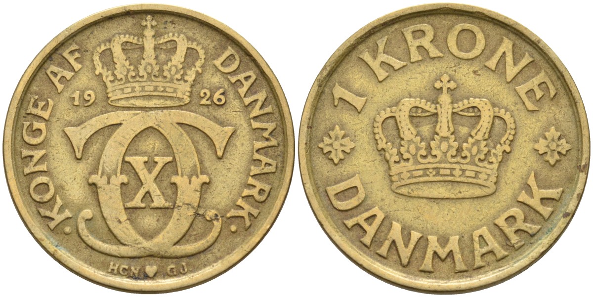 Дания 1 крона 1926 HCN; GJ, Кристиан X (1912-1947) KM 824.1 алюминиевая бронза 4587-1112