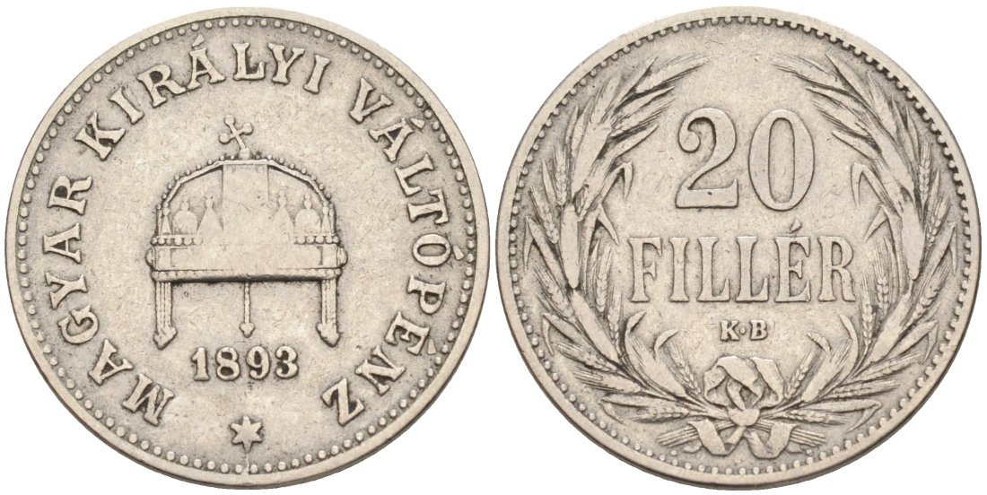 Венгрия 20 филлеров 1893 КВ, Франц Иосиф I (1848-1916) KM 483 никель 190-652