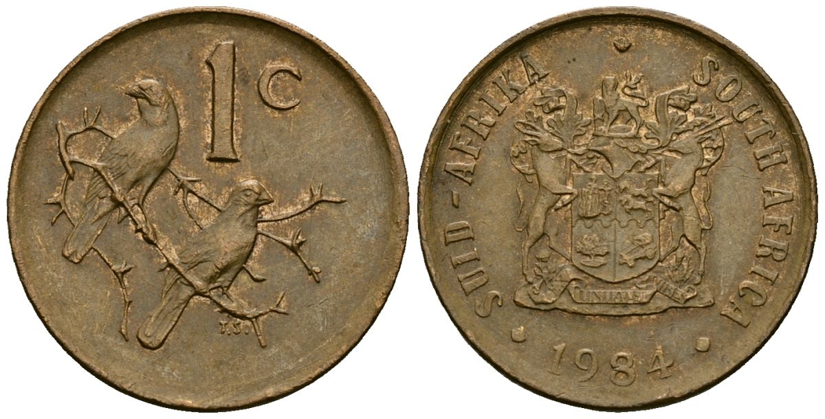 ЮАР 1 цент 1984 герб, капские воробьи KM 82 бронза 4136-851