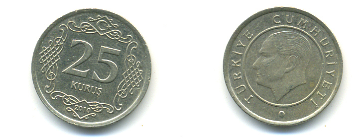 ТУРЦИЯ 25 КУРУШ 2010 KM 1167 медь никель цинк 176-817