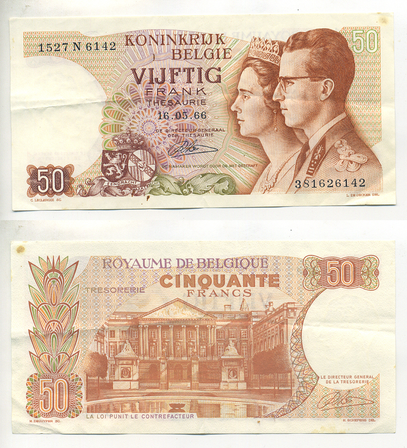 БЕЛЬГИЯ 50 ФРАНКОВ 1966 16 МАЯ 1966, ПОДПИСЬ 21, КОРОЛЬ БОДУЭН И КОРОЛЕВА ФАБИОЛА Pick 139 бумага 6299-25-2