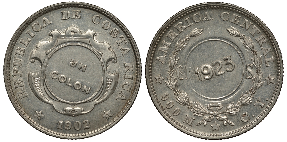 Коста-Рика 1 колон 1923 надчеканка на 50 сентимо 1902 KM 164 серебро 272-825