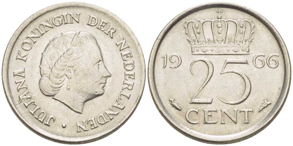 Нидерланды 25 центов 1966 Юлиана (1949-1980) KM 183 никель 214-946