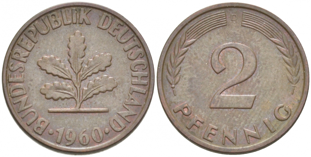 ФРГ 2 ПФЕННИГА 1960 D KM 106, J. 381 бронза 3955-629