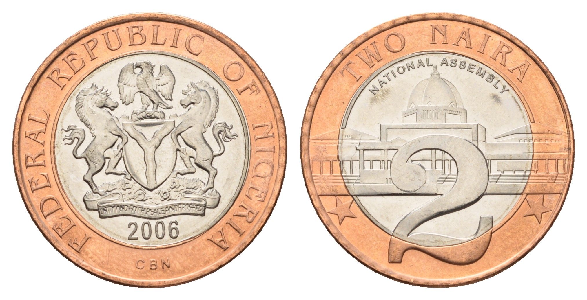 Нигерия 2 найры 2006 год-тип KM 19 биметалл UNC 25-216