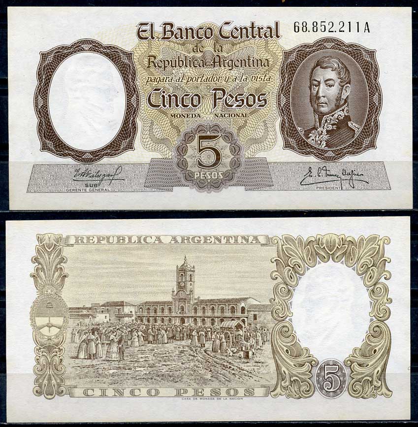 Аргентина 5 песо ND (1961) серия D 52475, Генерал Хосе де Сан-Мартин, майская революция 1810 Pick 275 c  бумага  UNC (пресс) 447-37-2