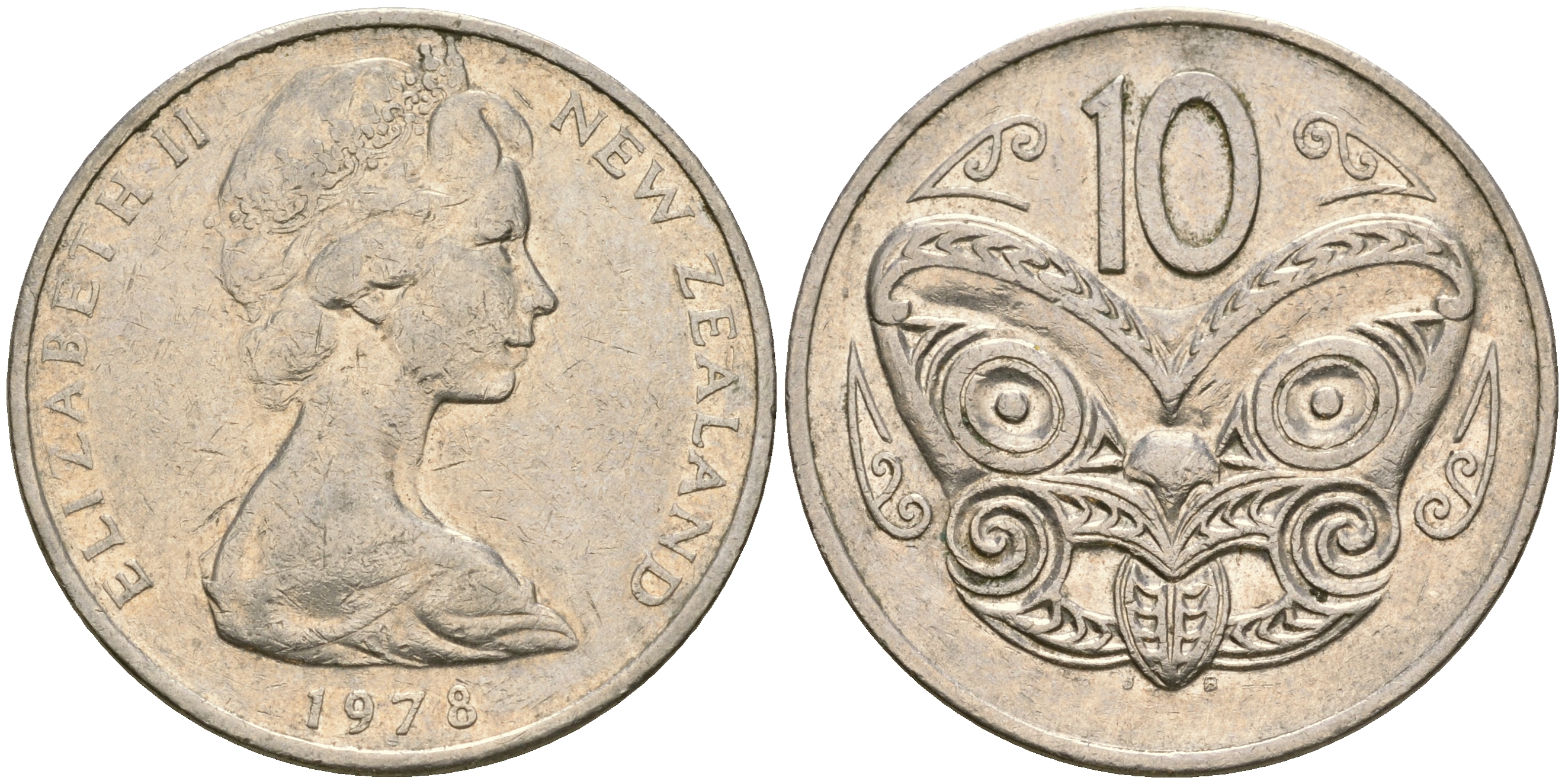 Новая Зеландия 10 центов 1978 Елизавета II (1952-2022), маска маори KM 41.1 медно-никель 4364-3521