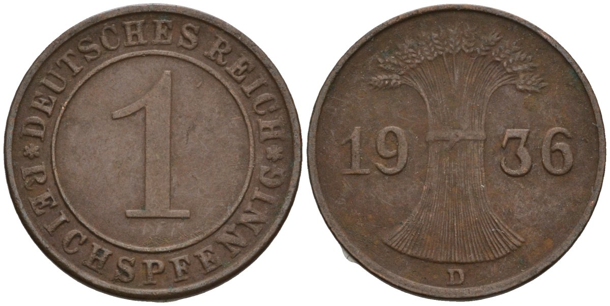 Германия 1 рейхспфенниг 1936 D KM 37, J. 313 бронза 4549-836