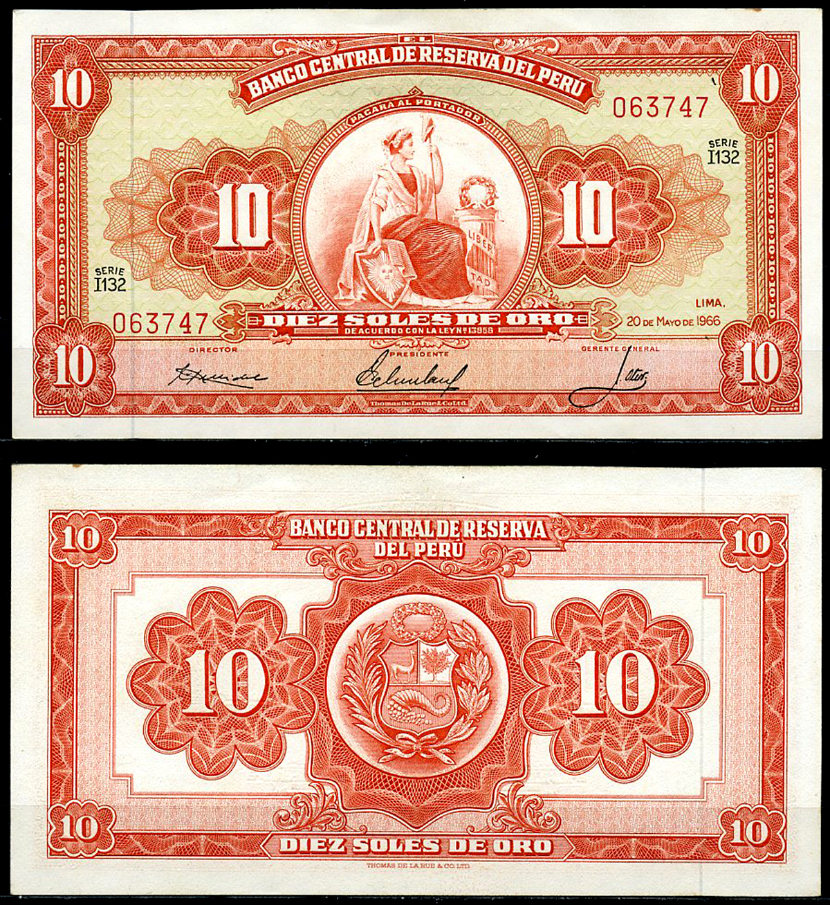 Перу 10 солей 1966 сидящая свобода, Thomas de la Rue Pick 84 a  бумага  аUNC 444-142-1-2