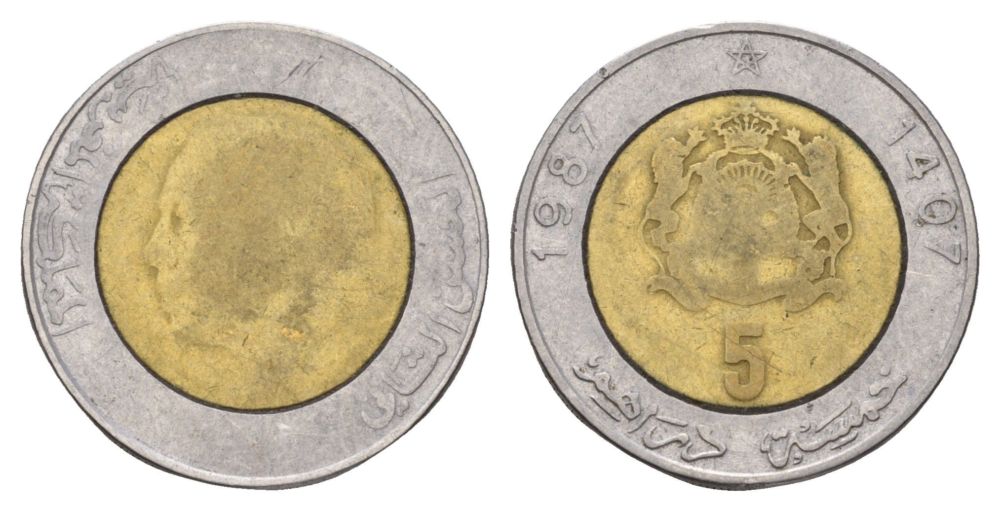 Марокко 5 дирхамов 1987 AH 1407, Хасан II (1961-1999) Y 82 биметалл 4675-126