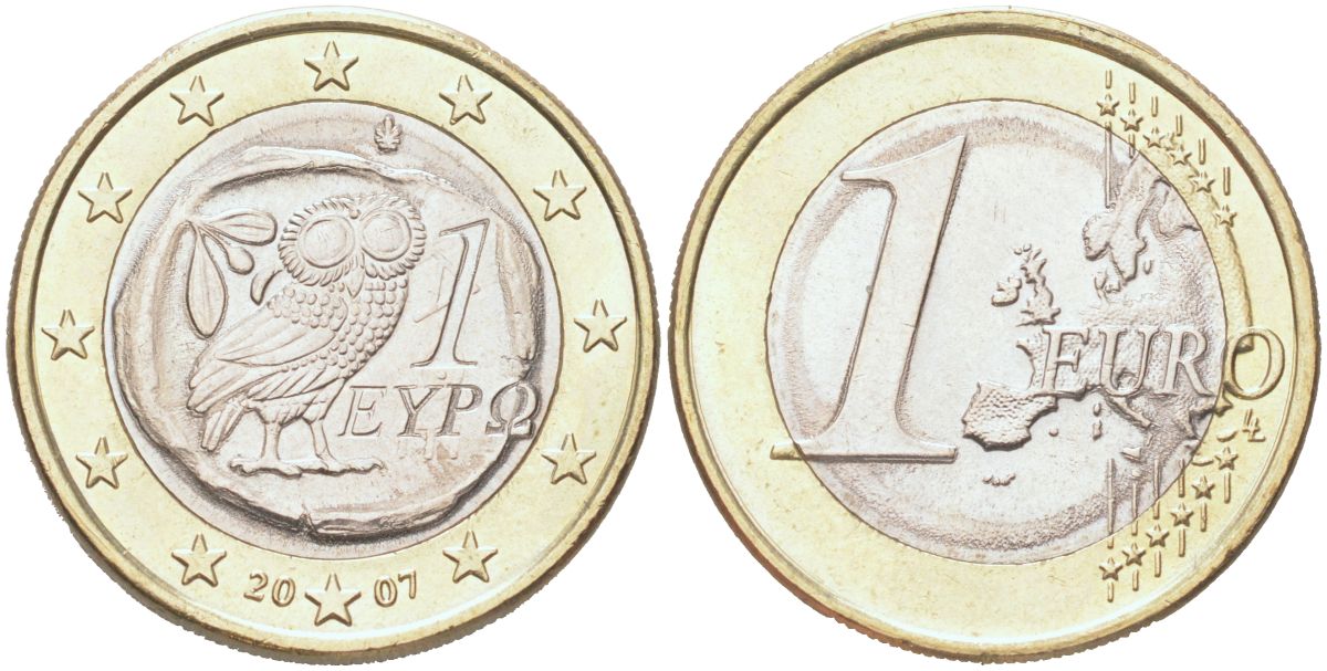 Греция 1 евро 2007 KM 214 биметалл UNC 4126-736
