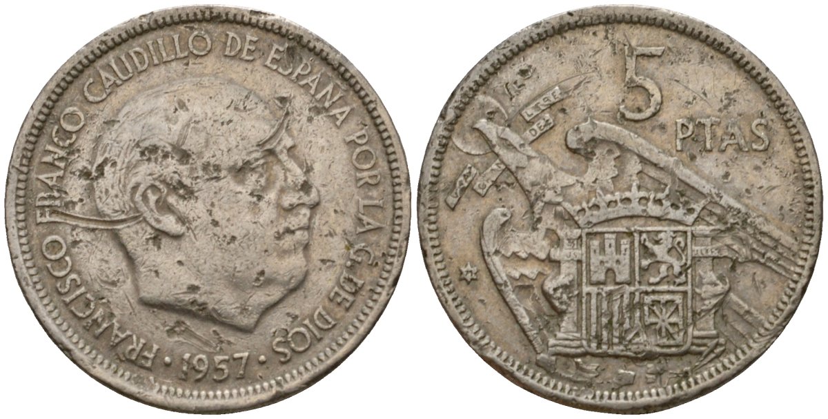 Испания 5 песет 1957 (71) Франсиско Франко (1939-1975) KM 786 медно-никель 186-712