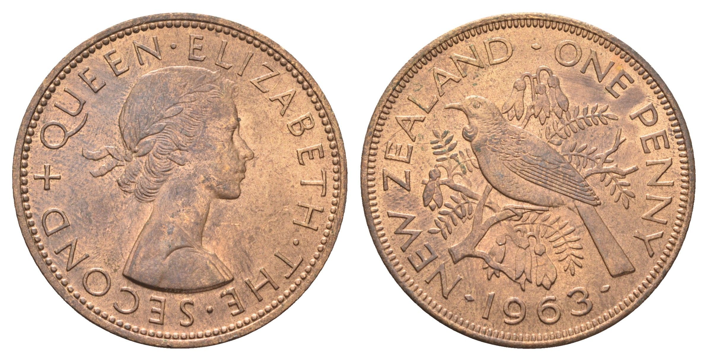 Новая Зеландия 1 пенни 1963 Елизавета II (1952-2022), новозеландский туи KM 24.2 бронза aUNC 4587-135