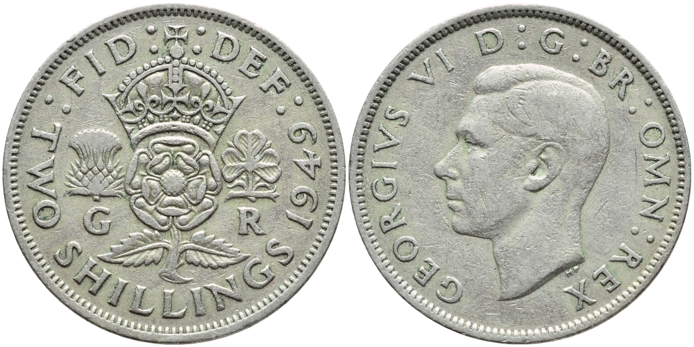 Великобритания 2 шиллинга (флорин) 1949 Георг VI (1936-1952) KM 878, Spink 4107 медно-никель 4394-1041